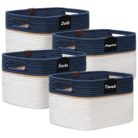 UBBCARE 4 Pack-15''L x 10''W x 9''H Storage Baskets for Shelves, Large Woven Rope Basket, Navy Blue&White