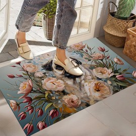 Pug Floral Indoor Door Mat,Non-Woven Fabric Door Mat,Anti-Slip Backing Welcome Mat for Front Door,Indoor Entrance,Kitchen, Bedroom,Living Room-Durable Floor Mat for Home Decor & All Seasons
