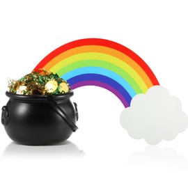 Civaner St. Patrick's Day Decoration Set Plastic Cauldron Kettle Rainbow Kit Candy Cauldron Kettle Pot with Green Gold Shamrock Plastic Coin for Irish St Patrick Party Outdoor Decoration (2 Set)
