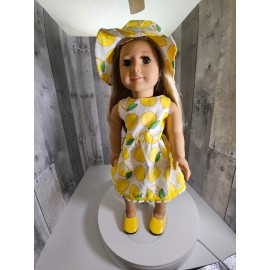 JustAskJoyce Collection Summer Apparel, Lemon Sundress, Hat & Matching Shoes, for 18-Inch Dolls