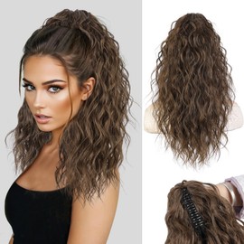 Stamped Glorious Ponytail Extension 18" Curly Wavy Pony Tail Claw Multi Layered Clip on Ponytail Extension Fluffy Natural Looking Synthetic Hair Piece for Women(Medium Brown Auburn)