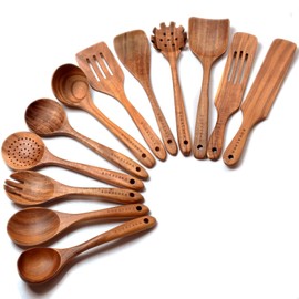 12 Pack Wooden Spoons for Cooking - Natural Teak Kitchen Utensils Set with Spatulas