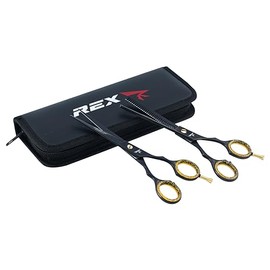 REX Professional Barber Hairdressing Scissors Set Salon Hair Cutting Thinning Scissors Shears J2 Steel Black and Gold 6" (Black)