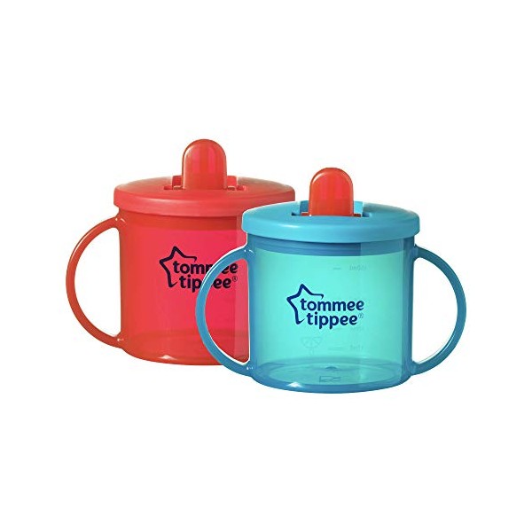 Tommee Tippee Free Flow First Cup Sippy Cup with Fold-Down, Leak-Proof Spout, 4m+, Red and Turquoise, 2 Pack
