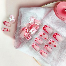 Valentines Press on Nails Medium Square Fake Nails with Strawberry Designs Pink French Tip False Nails Cute French Heart Bow Stick on Nails for Women Girls 24Pcs Nail Decoration Couple Gift