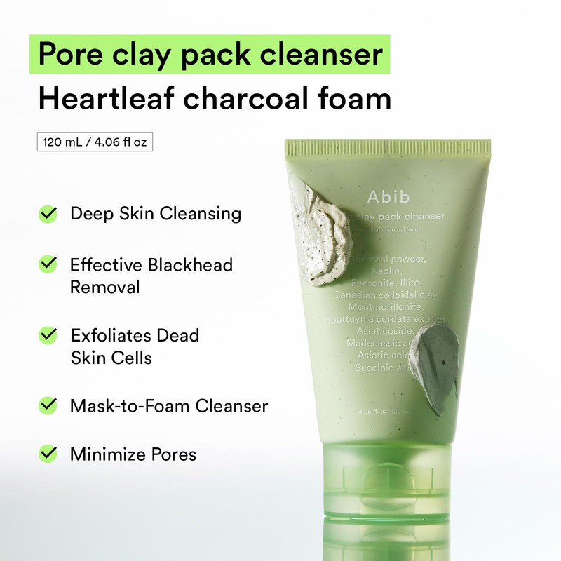 Abib Pore Clay Pack Cleanser Heartleaf Charcoal Foam, 4.05 fl