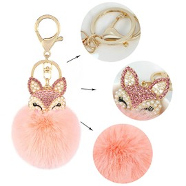 ZUOLUO 2 Pack Faux Rabbit Fur Ball Pom Pom Keychain with Fox Head Studded with Pearl Rhinestone for Womens Bag Car Key Decoration Gifts for Women Girl (C)