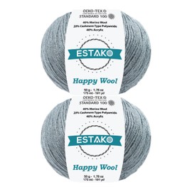 Estako Happy Wool (paquete de 2 madejas) 40% lana merina, 20% cachemira, poliamida, 40% acírlico, peso de los dedos, hilo suave para tejer y ganchillo (2 x 1.7 onzas) (2 x 191 yardas) (8018 - gris)