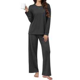 Ekouaer Women's Pyjamas Long Side Slit Two Piece Travel Airport Outfits Wide Leg Tracksuit Baggy Loungewear Comfy Leisure Suit S-XXL, darkgray, L