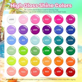 Beetles - Juego de esmaltes de gel de verano, 36 colores, esmalte de uñas de gel neón brillante, rosa, naranja, rojo, verde, azul, 4 de julio, con 4 c