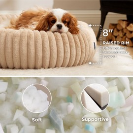 Bedsure Medium Dog Bed - Washable Faux Fur with Corduroy Fleece & Anti Slip Bottom, Round Pet Bed with Removable Cover, Sandy Beige, 30x30x8 inches