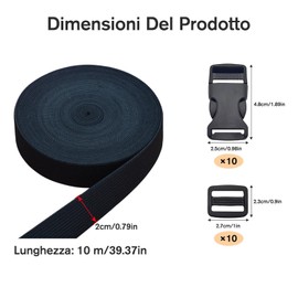VEGCOO 10 Set Fibbie in Plastica con Fettuccia Nylon 10m e Sgancio Laterale, 20/38mm Regolabili Plastica Fibbia Cinghia Clip Cintura, Fibbia a Clip Zaino per Zaini/Cucito/Borsoni/Collare per Animali