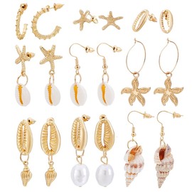 PH PandaHall 9 Pairs Shell Earrings Starfish Earrings Golden Ocean Earring Set Summer Jewellery for Women Beach Party Holiday Summer Theme Pendant Earrings Stud Earrings