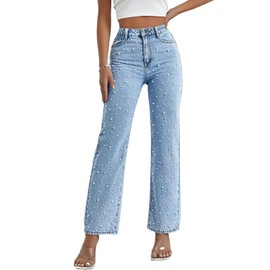 LINUMIN Women's High Waisted Jeans Boyfriend Baggy Wide Straight Leg Casual Denim Pants Trousers (Blue, M)