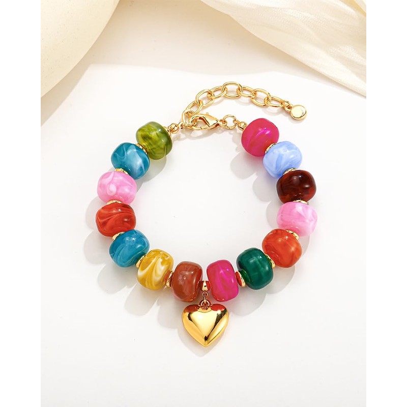 FAUTHENTICUTE Chunky Colorful Beaded Bracelet Gold Heart