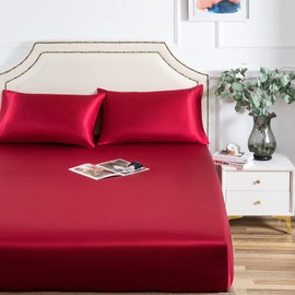 Satin Fitted Sheet, Full Fitted Sheet Only, 1 - Piece Ultra Soft Deep Pocket Single Silk Bottom Bed Sheet Full - Burgundy