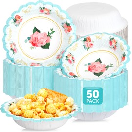 Domensi 50 Pcs Floral Paper Tea Bowls 12 oz Tea Party Decorations Vintage Floral Disposable Bowls for Hot Cold Food Serving Salad Soup Girl Birthday Baby Shower Wedding Spring Supply(Blue)