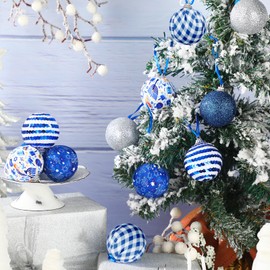 Yuxung 12 Pcs Hanukkah Tree Ornament Shiny Hanging Blue Series Ball Sequin Hanging Ornament Blue White Tree Decoration