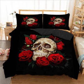 Skull Bedding Set Floral Skull Duvet Cover Full Size Gothic Skull Comforter Cover Rose Bones Skeleton Decor Bedspread Cover with 2 Pillow Shams, Kids Adults Aesthetic Bedding Cover Soft,Red Black