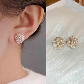 Aneneiceera Vintage CZ Pearl Ball Stud Earrings Small Round Pearl Cluster Earrings Round Pearl Flowers Earrings Gold Pearl Earrings Jewellery For Women, Zinc