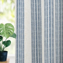 DriftAway Chris Linen Blackout Curtains with Thermal and Sound Reducing Layer 54 Inches Long for Bedroom Striped Printed Drapes Thermal Insulated Lined Window Treatments for Living Room Jean Navy