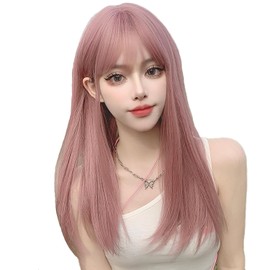 GUFER Pink Long, Full Wig, Pink Orange, Straight Wig, Natural, Lolita, Cosplay Wig, Bangs, Small Face, Popular, Women's Wig with Net