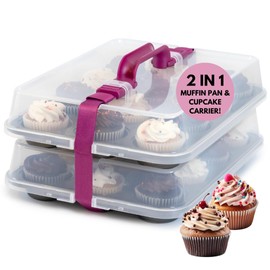 KPKitchen Cupcake Carrier for 24 Cupcakes - Innovative Cupcake Holder includes 2 Cupcake Pans with Lid and Handle - Cupcake Travel Container Carries 12 or 24 Standard-Size Cupcakes for Storage Safely