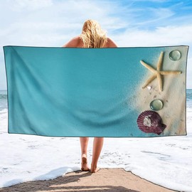 Violetpos Quick Drying and Lightweight Beach Towels, Beach Towel, Large, 90 x 180 cm, Quick-Drying Microfibre Printed with Blue Ocean Shell, Starfish Beach