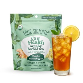 Four Sigmatic Gut Health Organic Herbal Tea | Organic Lemon Ginger Tea with Probiotics & Turkey Tail Mushroom | Instant Digestive Tea | Vegan, Gluten-Free | Lemon Ginger, 24 Servings