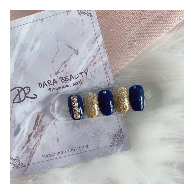 [Handmade Nail Tips] Gold Glitter Navy Stone Nails / [수제네일팁]