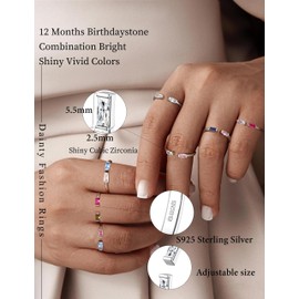 FIBO STEEL S925 Sterling Silver Birthstone Rings for Women Non Tarnish Dainty Stackable Rings Adjustable Emerald Green Gemstone Baguette CZ Wedding Engagement Promise Ring for Her Birthday Jewelry Gifts February