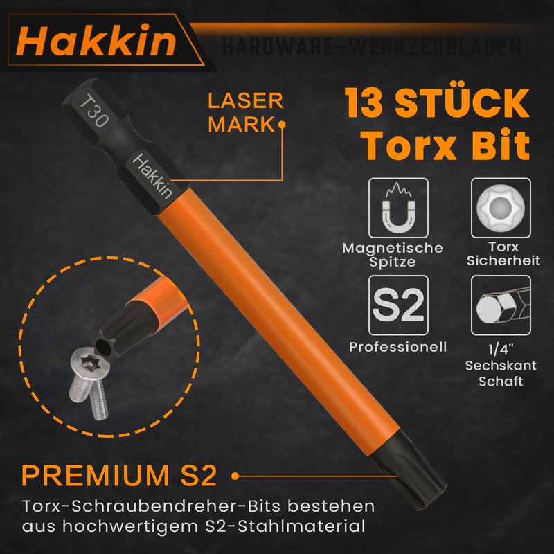 Hakkin T5-T40 Torx Bit Set Long 75 mm 13 Pieces
