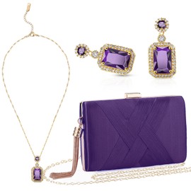 Jadive 3 Pcs Clutch Purses for Women Handbag Evening Purses Bag for Wedding Vintage Banquet Handbag Earrings Necklace Set(Purple)