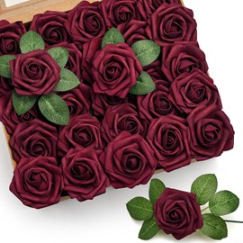Mocoosy - 50 rosas artificiales de color borgoña, rosas falsas para decoraciones, rosas de espuma de tacto real a granel con tallos para bricolaje, ramos de boda, despedida de soltera, centros de mesa, decoración del hogar