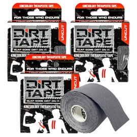 DIRT Tape, Premium Cotton, Elastic Kinesiology Athletic Tape, 3 Continuous Uncut roll (16.4 feet Long). Latex Free, Hypo-Allergenic, Water Resistant (Grey)