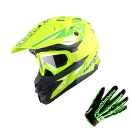 1Storm Motocross Adult Helmet Downhill Mountain Bike Helmet BMX MX ATV Dirt Bike Storm Style HF803; Storm Green + Goggles + Skeleton Green Glove Bundle