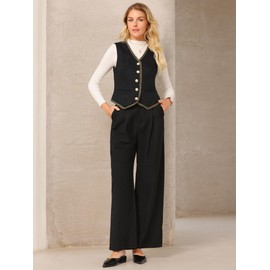 Hobemty Women's Tweed Blazer Vest Sleeveless Button Down V Neck Casual Business Waistcoat Large Black