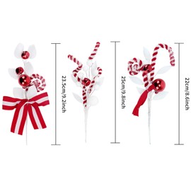 6 Pcs Artificial Christmas Candy Picks, Lollipop Stems with Red Bell, Red and White Christmas Tree Picks Branches for Xmas Tree Decorations Small Vase Filler Wedding Party Home Decor (6, Red White)