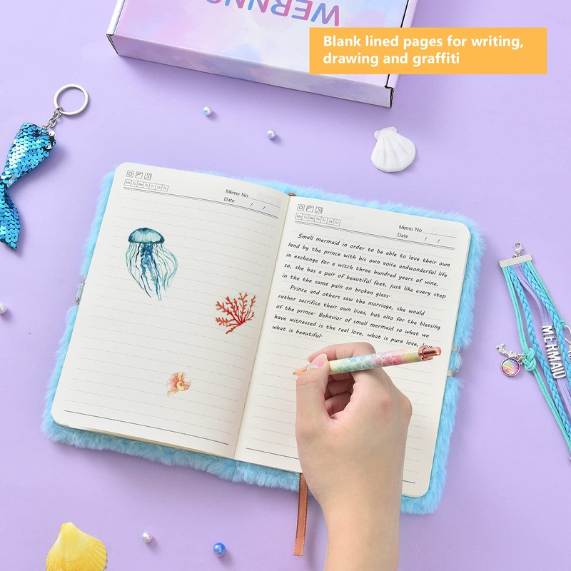 Plush Mermaid Notebook Set - Glitter Diary for Kids Embroidery