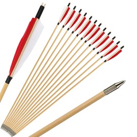 ZSHJGJR 31" Archery Traditional Wooden Arrows Hunting Arrows Target Practice Arrows Wood Arrow Shaft with 5" Turkey Feather for Longbow Recurve Traditional Bow 6/12pcs (red, 12)