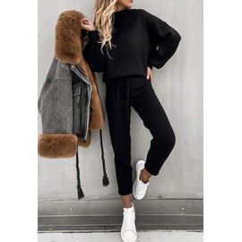 Women's 2 Piece Outfits Lantern Sleeve Sweatshirt Matching Sweatpants Set Jogger Tracksuit Black L