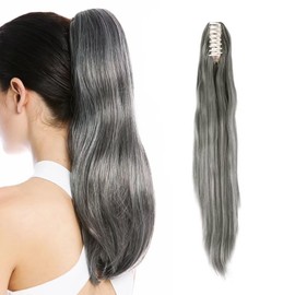 iLUU Long Thick Claw Ponytail 150g Straight Synthetic Fashion Grey Color Clip in Pony Tail Jaw Hair Extension Extensions Ponytails with for Women Girl (24 inches/60cm)