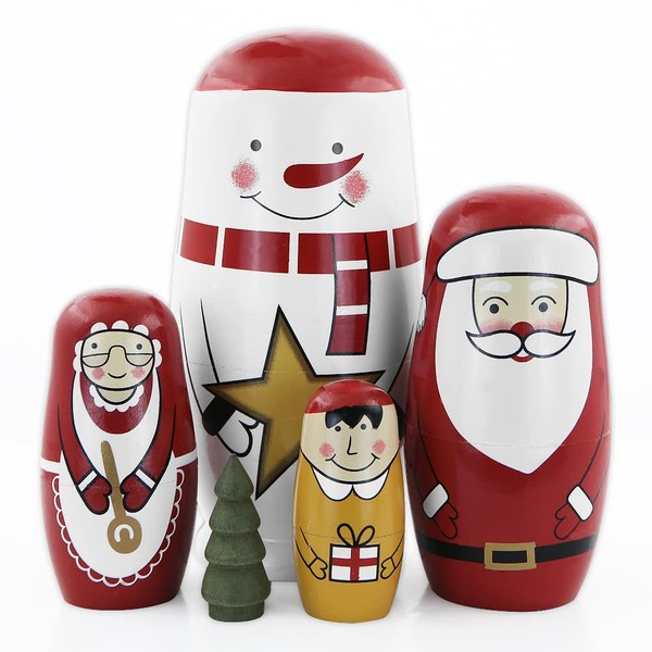 Lot de 5 poupées gigognes sur Le thème de Noël, Bonhomme de Neige, Arbre de Noël, poupée Russe en Bois, poupée Matryoshka Faite à la Main pour Enfants, Cadeau de fête de Noël, décoration d'intérieur