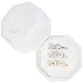 Beebeecraft White Velvet Ring Box 3 Slots Octagon Couple Jewellery Ring Holder Box Storage with Detachable Lid for Proposal Engagement Wedding Ceremony Anniversary Birthday Gift 2x2x1.96 inch