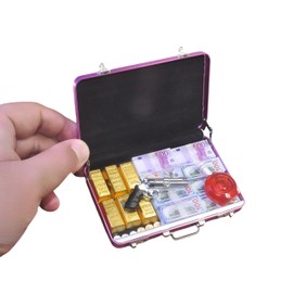 EKKZ 1:6 Scale Miniature Briefcase Set - Includes Fake Gold Bars, Bundles of $100 Mini Dollar Bills, Vintage Coins and Mini Weapons - Unique Adult NoveltyToy & Dollhouse Accessories (Pink)