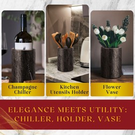 Flexzion Marble Wine Bottle Chiller Bucket - Champagne Cooler, 5x7-inch 750ml Black Marble Utensil Holder for Kitchen Counter & Stone Wine Chillers for Bottles
