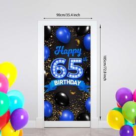 Happy 65th Birthday Blue and Black Banner Backdrop Cheers to 65 Years Old Confetti Balloons Theme Decor for Women 65 Years Old Birthday Party Decorations Bday Supplies Gift Background Favors Glitter