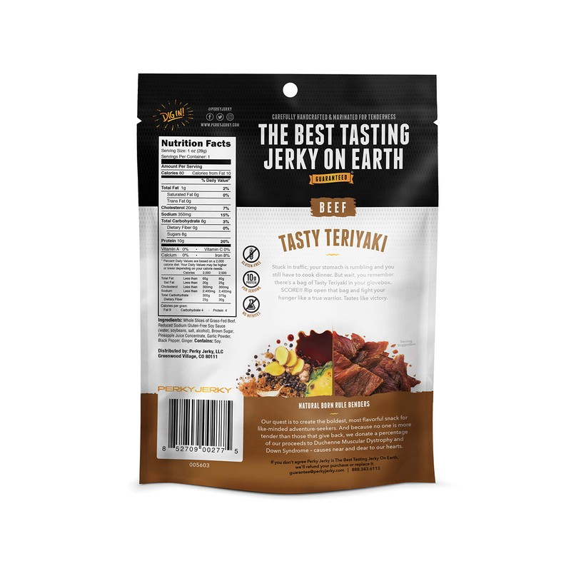 Perky Jerky Tasty Teriyaki 100% Grass Fed Beef Jerky, 1oz