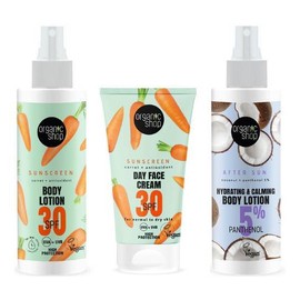 Natura Siberica Sun Fun 2 Sunscreen Body Lotion SPF30 Carrot & Antioxidant, 150ml & Day Face Cream SPF30 for Normal to Dry Skin, 50ml & Hydrating & Calming After Sun Body Lotion with Coconut & Panthenol 5%, 150ml