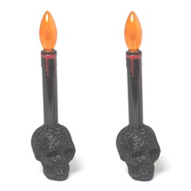 Horror-Hall 2-Gothic Black Glitter Skull Base LED Candles Lamps Prop Decoration-Free Battery